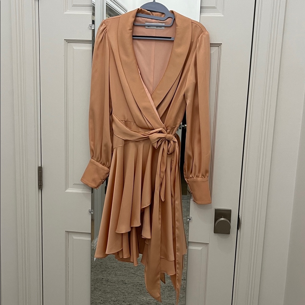 Mac Duggal Long Sleeve Wrap Dress Style 12514 Salmon Pink Size 0